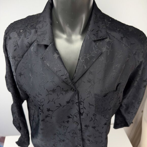 VOGUE Dessous VTG Jacquard Satin Button Front Long Sleeve‎ Black Pajama Set Sz M - Picture 11 of 16